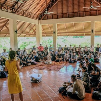 In late August, the Forest Defenders Conference brought together 50 human and environmental rights activists from 10 countries, most in Southeast Asia, to develop strategies for protecting earth rights defenders. The conference was organized by EarthRights International, Not1More, and Cambodian Youth Network. Here, Fran Lambrick of Not1More welcomes the group to the first workshop of the conference.